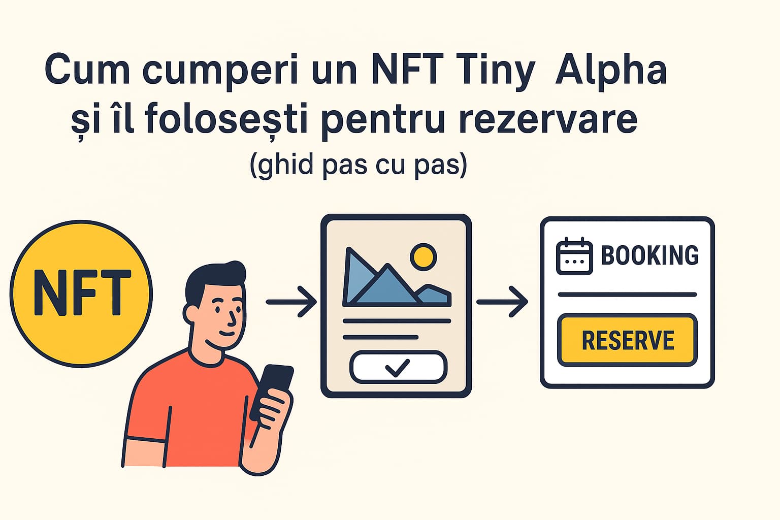 Ilustrație explicativă pas cu pas despre cum achiziționezi și folosești un NFT pentru a rezerva un sejur la Tiny Alpha.